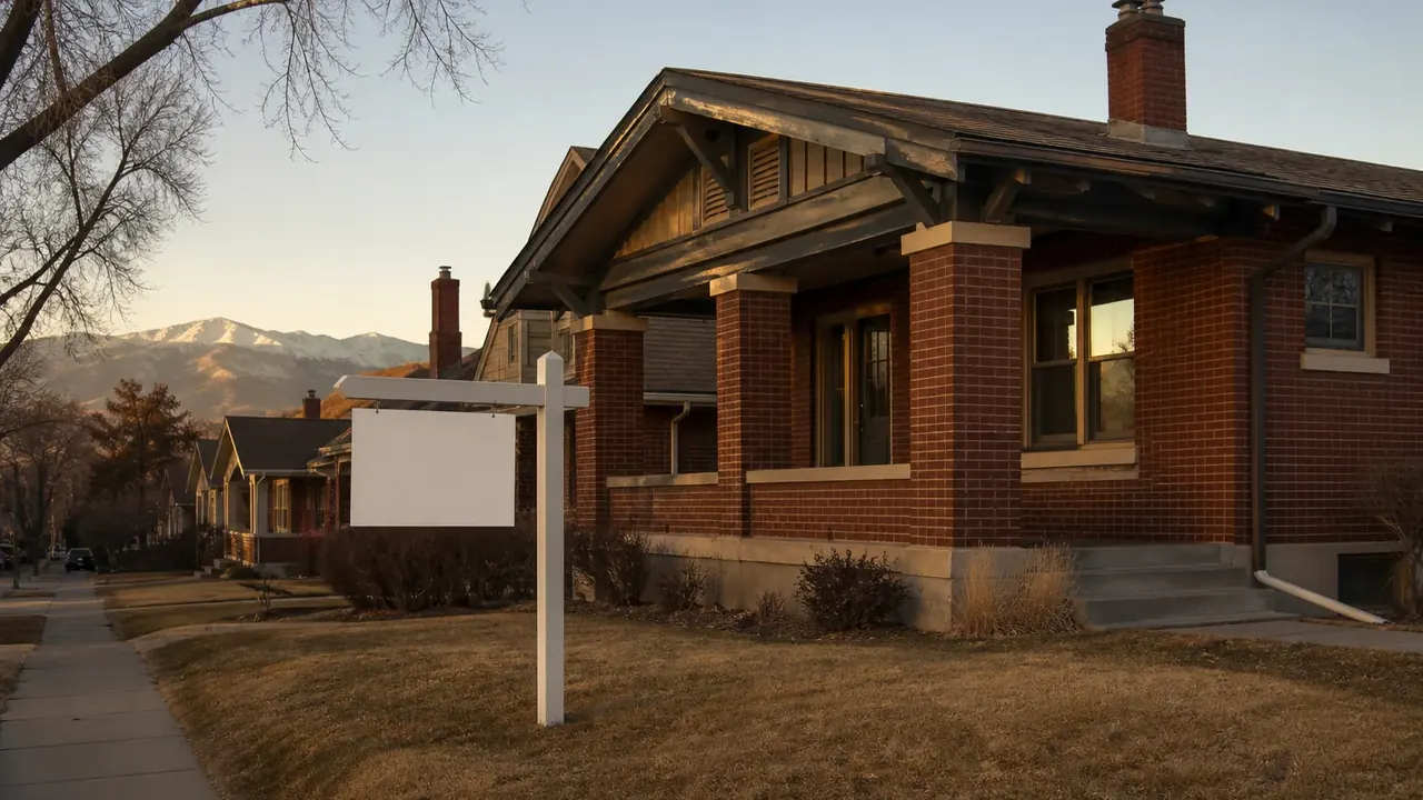 Older Denver brick bungalow with a for-sale sign in the yard