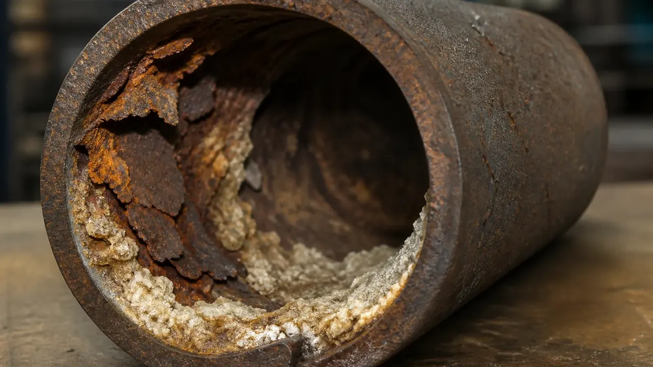 Interior of a corroded cast iron drain pipe with flaking scale