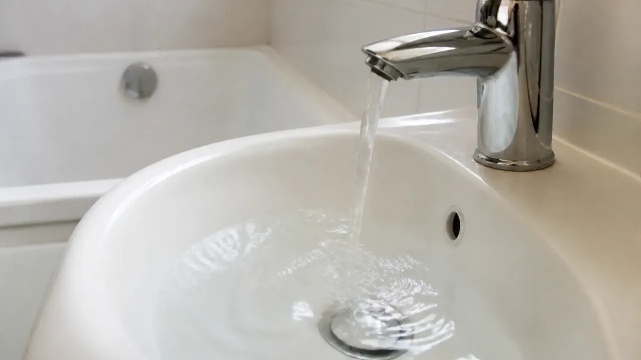 Bathroom sink filling with water while a tub drain sits in the background