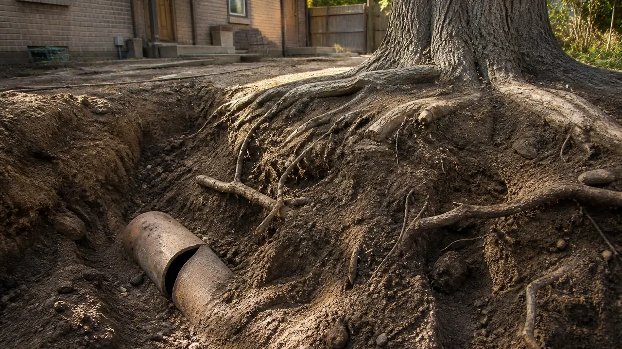 Tree roots wrapping a cracked clay sewer pipe in dry soil