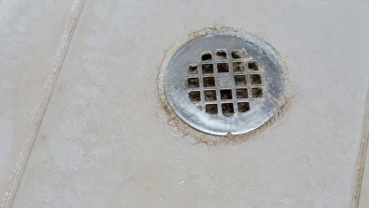 Shower drain grate with mineral scale and hair buildup