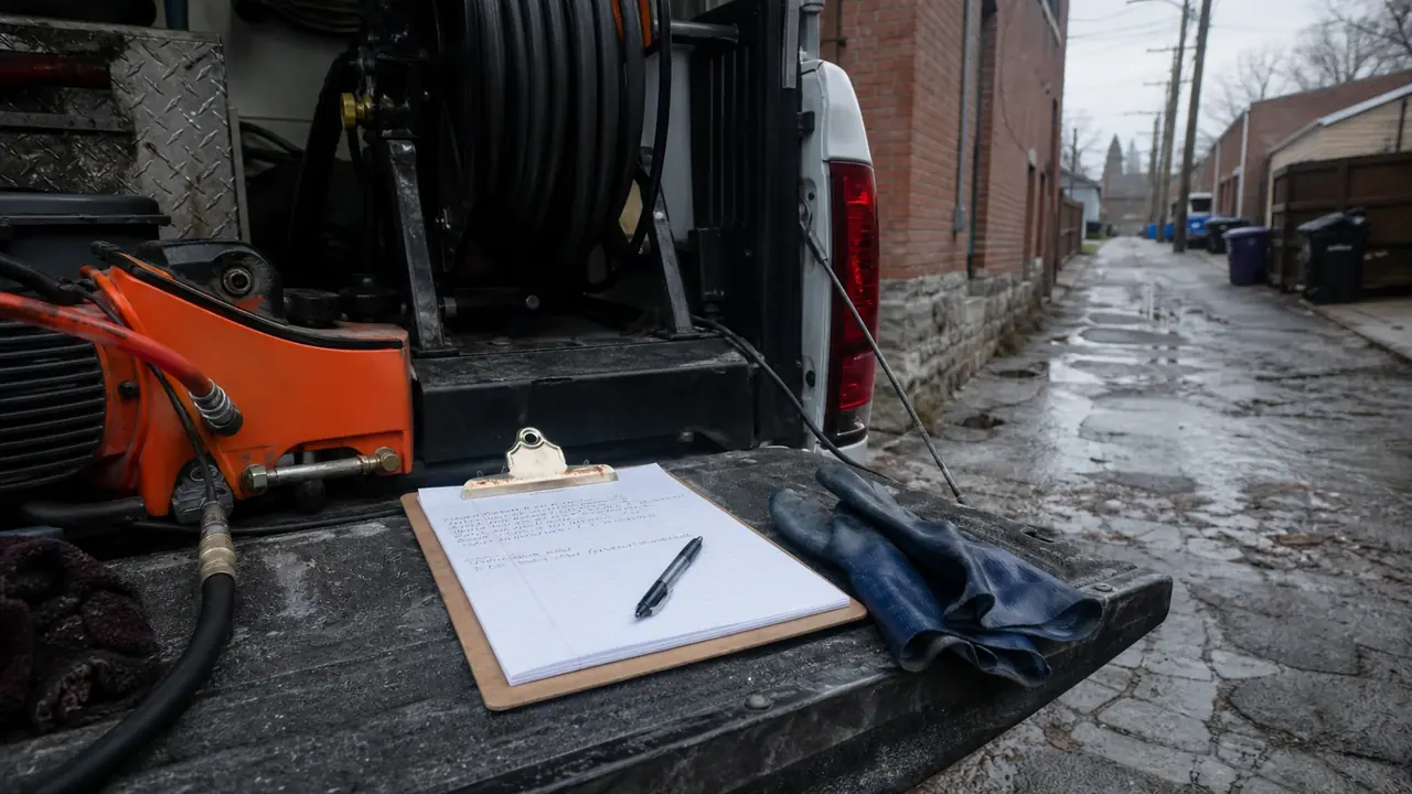 Clipboard estimate next to drain equipment on a truck tailgate