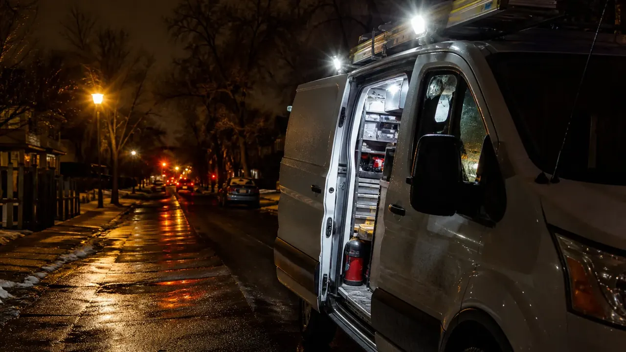 Service van parked at night on a wet Denver residential street