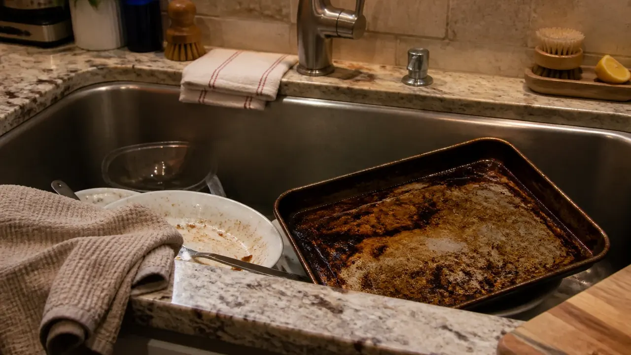 Greasy roasting pan and dishes at a kitchen sink after holiday cooking
