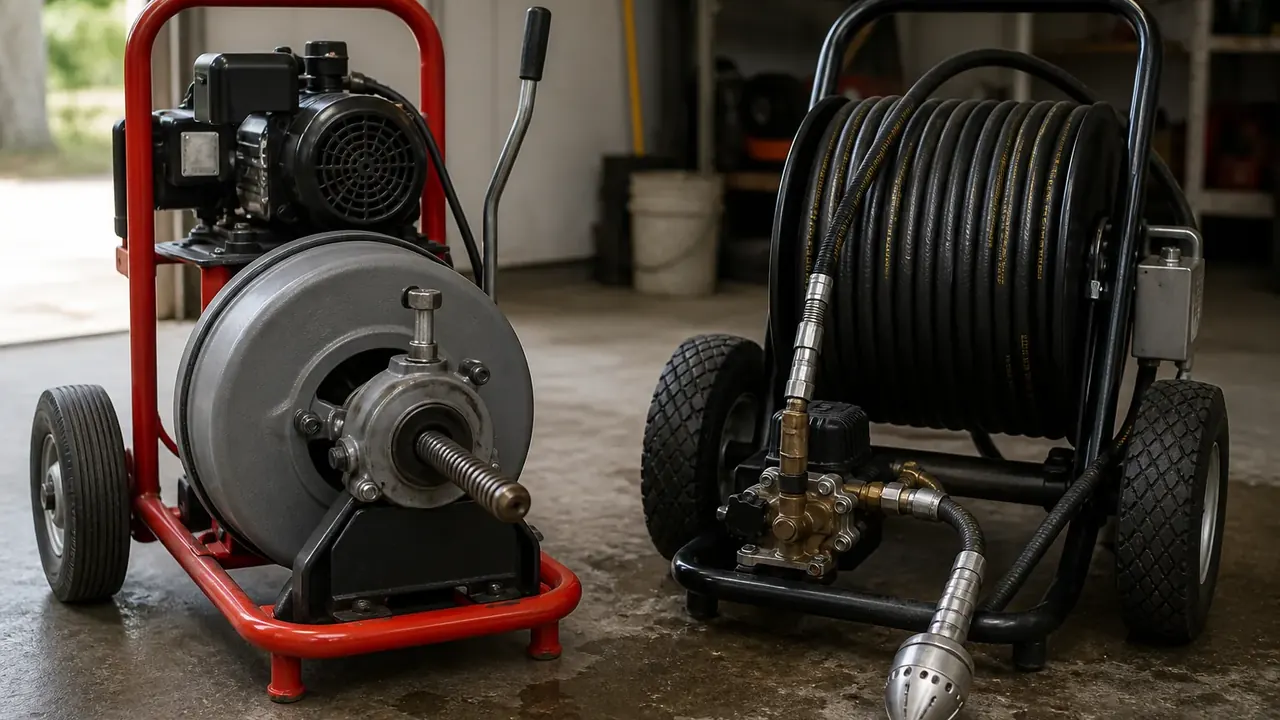 Cable drain machine and hydro jetting hose reel on a garage floor