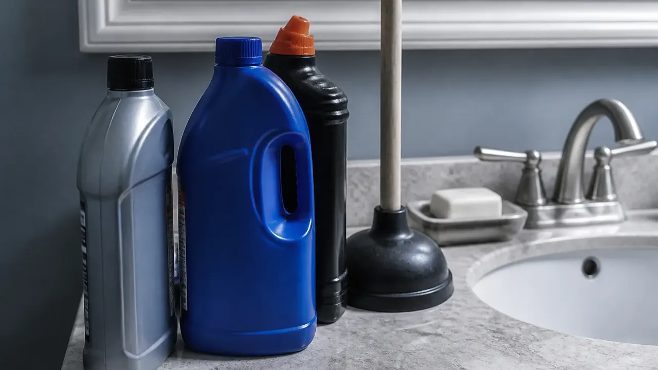 Drain cleaner bottles and a plunger beside a bathroom sink