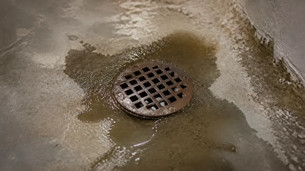 Basement floor drain with standing water around a metal grate