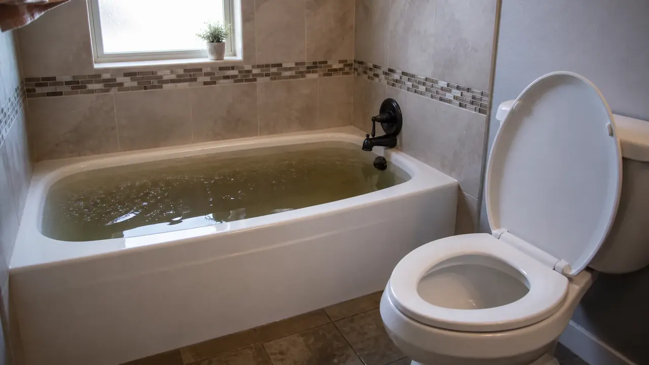 Water backing up in a bathtub next to a toilet