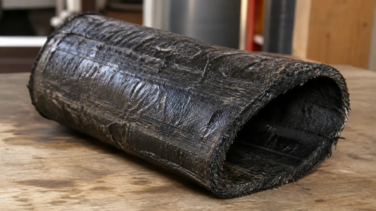Deformed oval Orangeburg fiber sewer pipe on a workbench