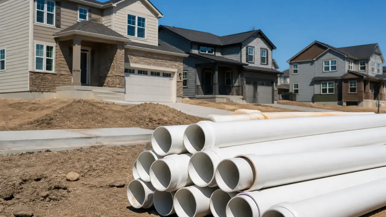White PVC sewer pipe at a new suburban Denver construction site