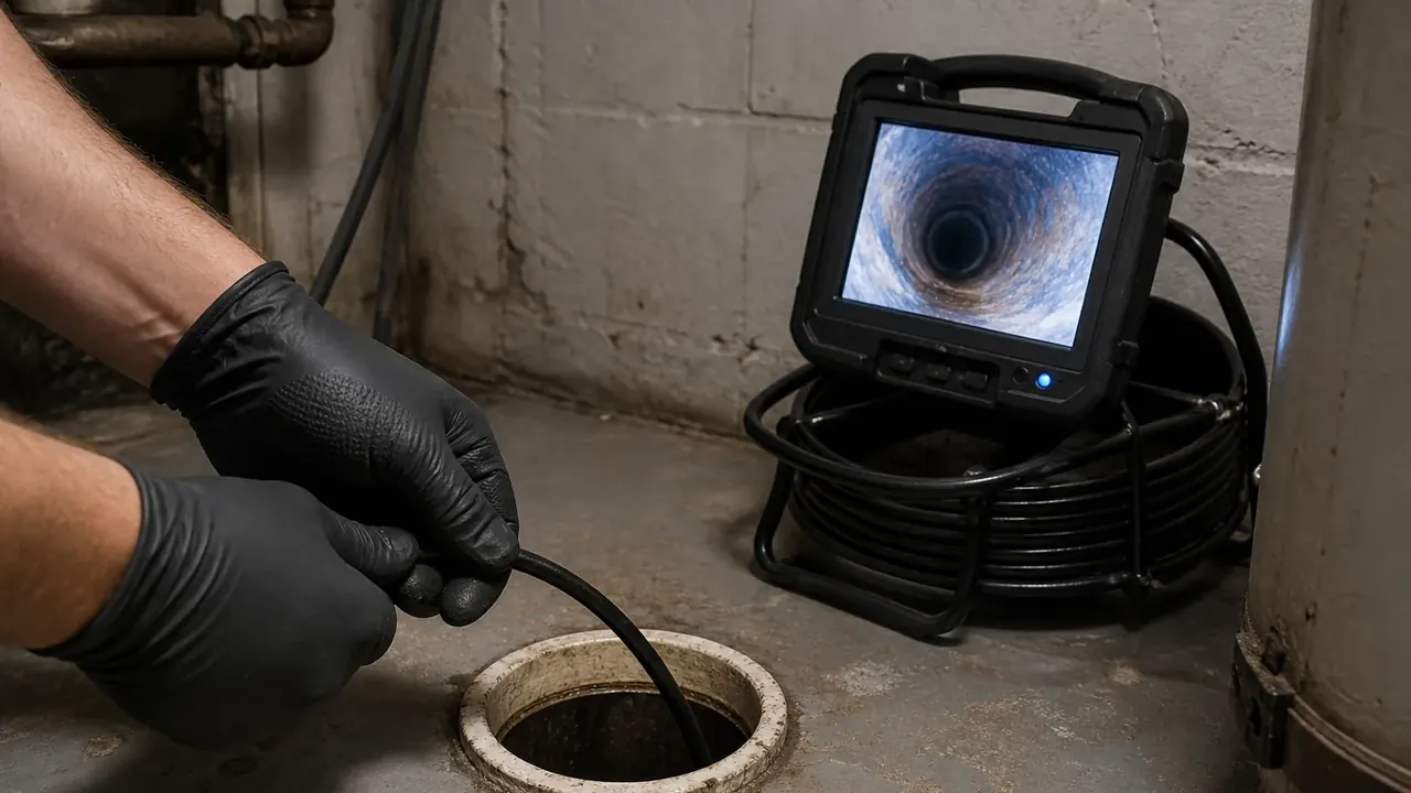 Technician feeding a sewer camera cable into a basement cleanout