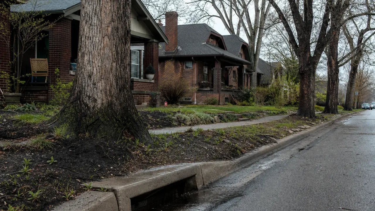 Denver bungalow street with large trees budding in early spring